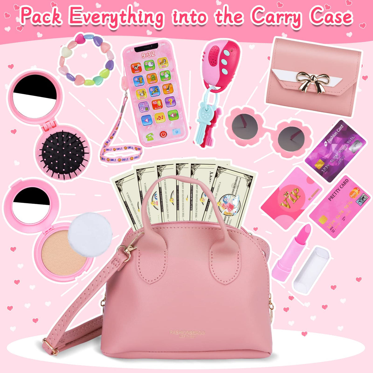 Generic Learn2M Play Purse open compartments showcase kids packing treasures.