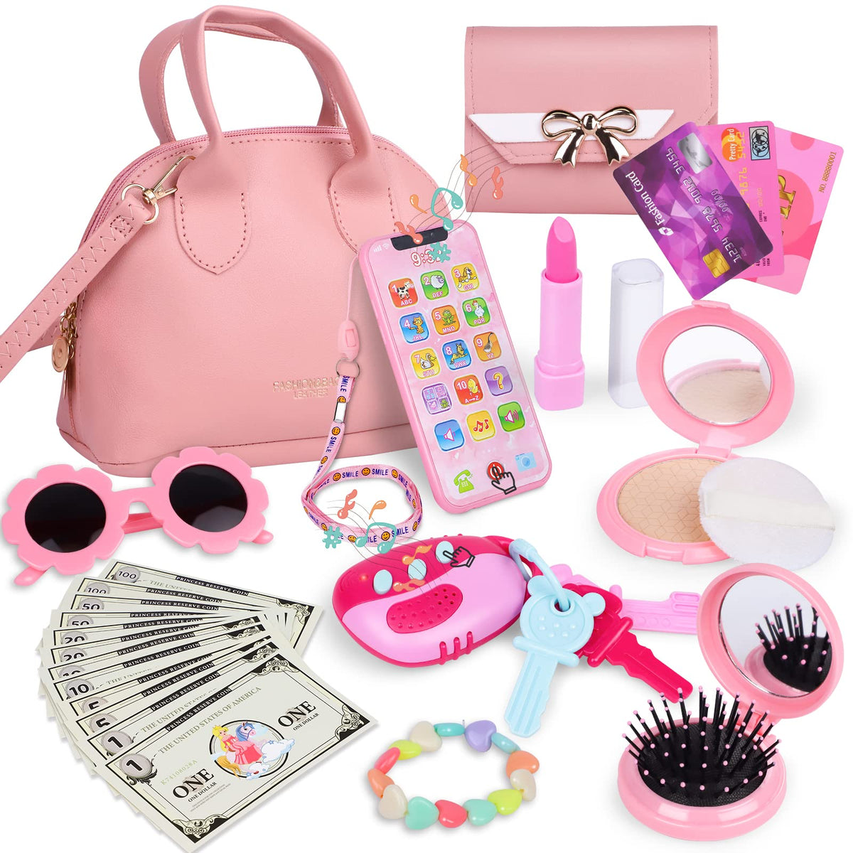 Generic Learn2M Play Purse pink bag closeup, promotes imaginative pretend play.