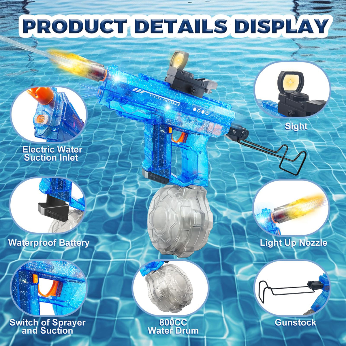 Generic LED-lit water gun showing blue glow during action