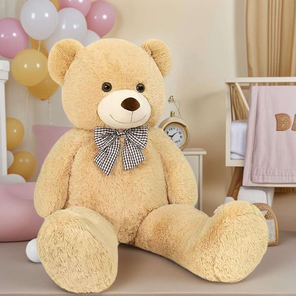Generic light brown teddy with checkered bow adds timeless charm.