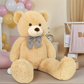 Generic light brown teddy with checkered bow adds timeless charm.