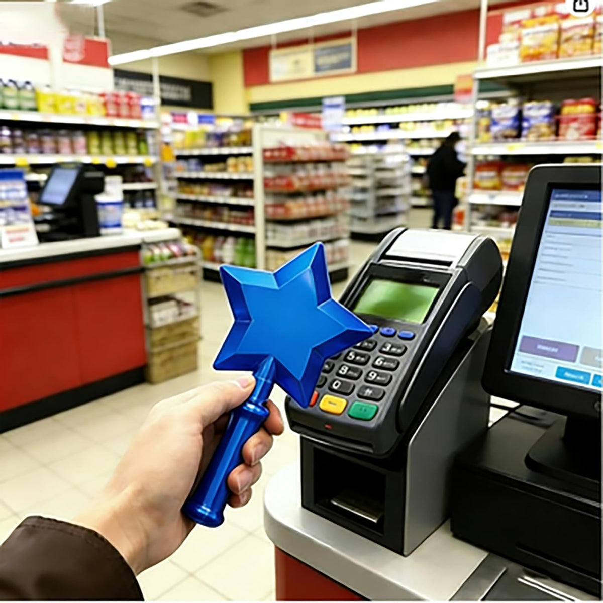 Generic Magic Fairy Pay Wand in hand shows an ergonomic grip for quick checkout.