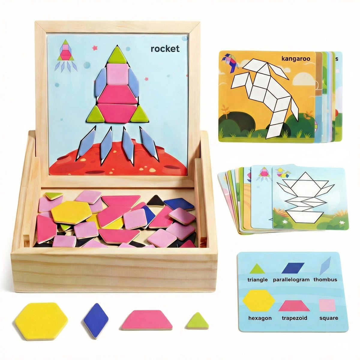 Generic Magnetic Pattern Blocks Set contents with pieces, cards, and storage for hands-on learning.