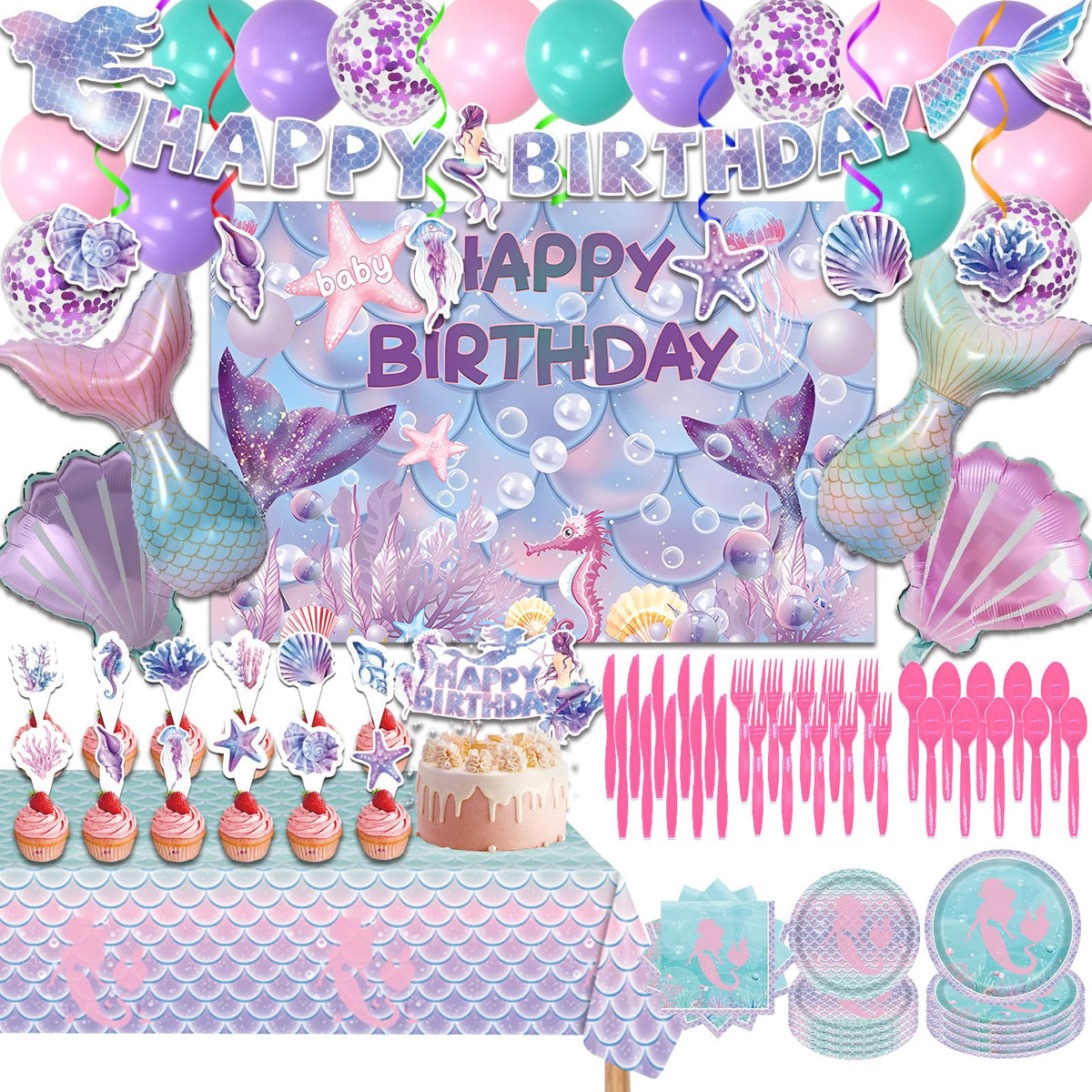 Generic Mermaid birthday backdrop enhances party ambiance with a magical undersea vibe.