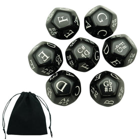 Generic Music Dice Set with seven black D12 dice showing notes for creative prompts.