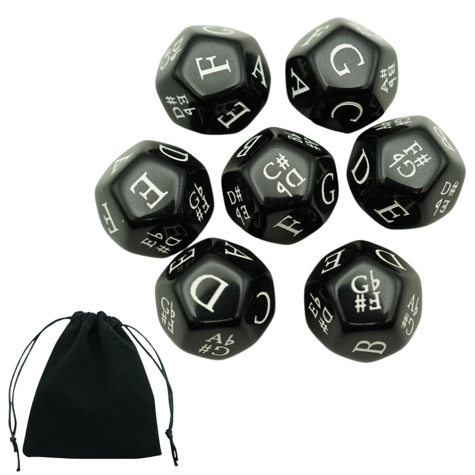 Generic Music Dice Set with seven black D12 dice showing notes for creative prompts.