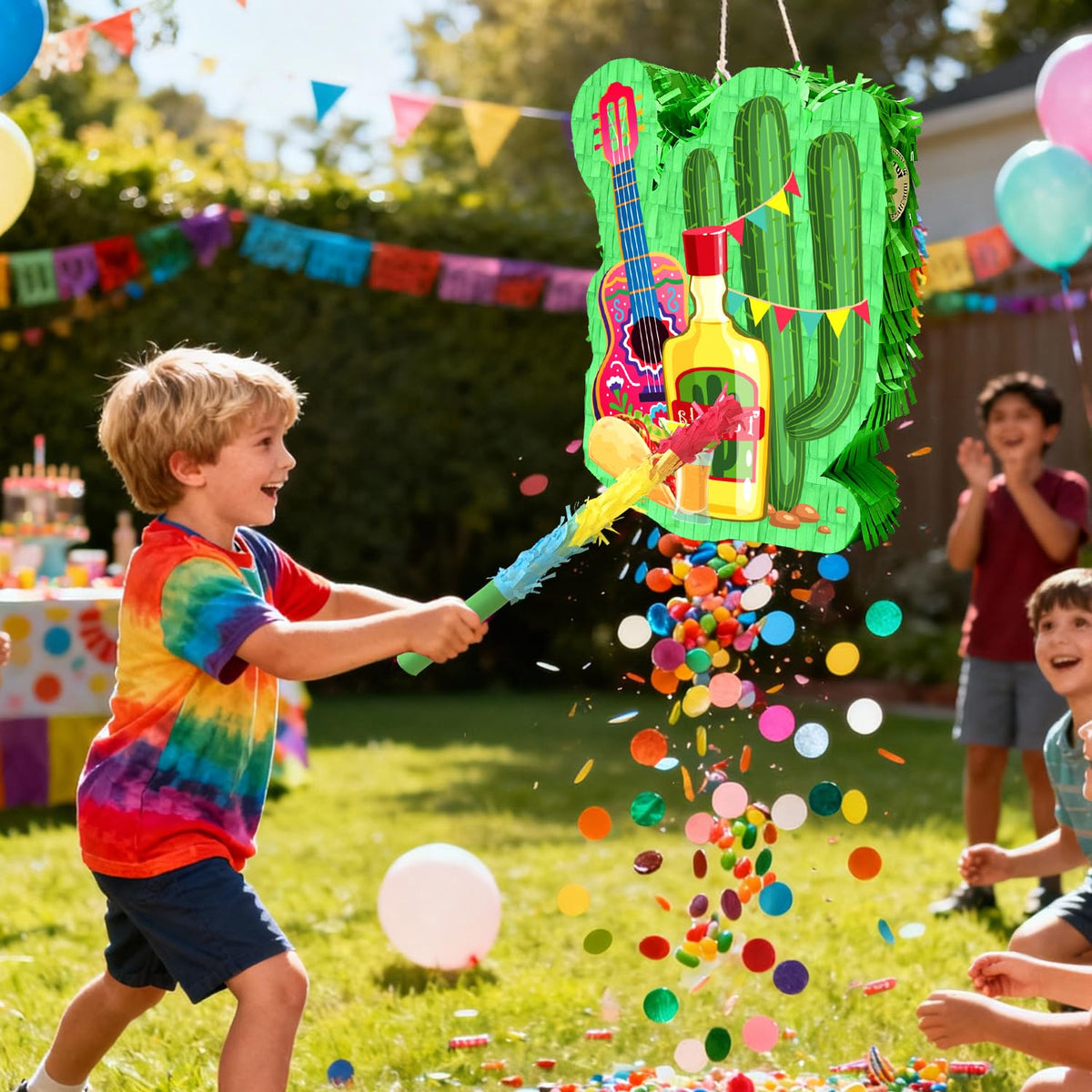 Generic party table decor set completes the festive display for a Mexican fiesta.