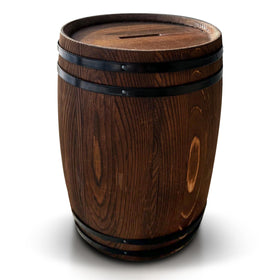 Generic piggy bank adults front view shows rustic wine barrel design for stylish savings.