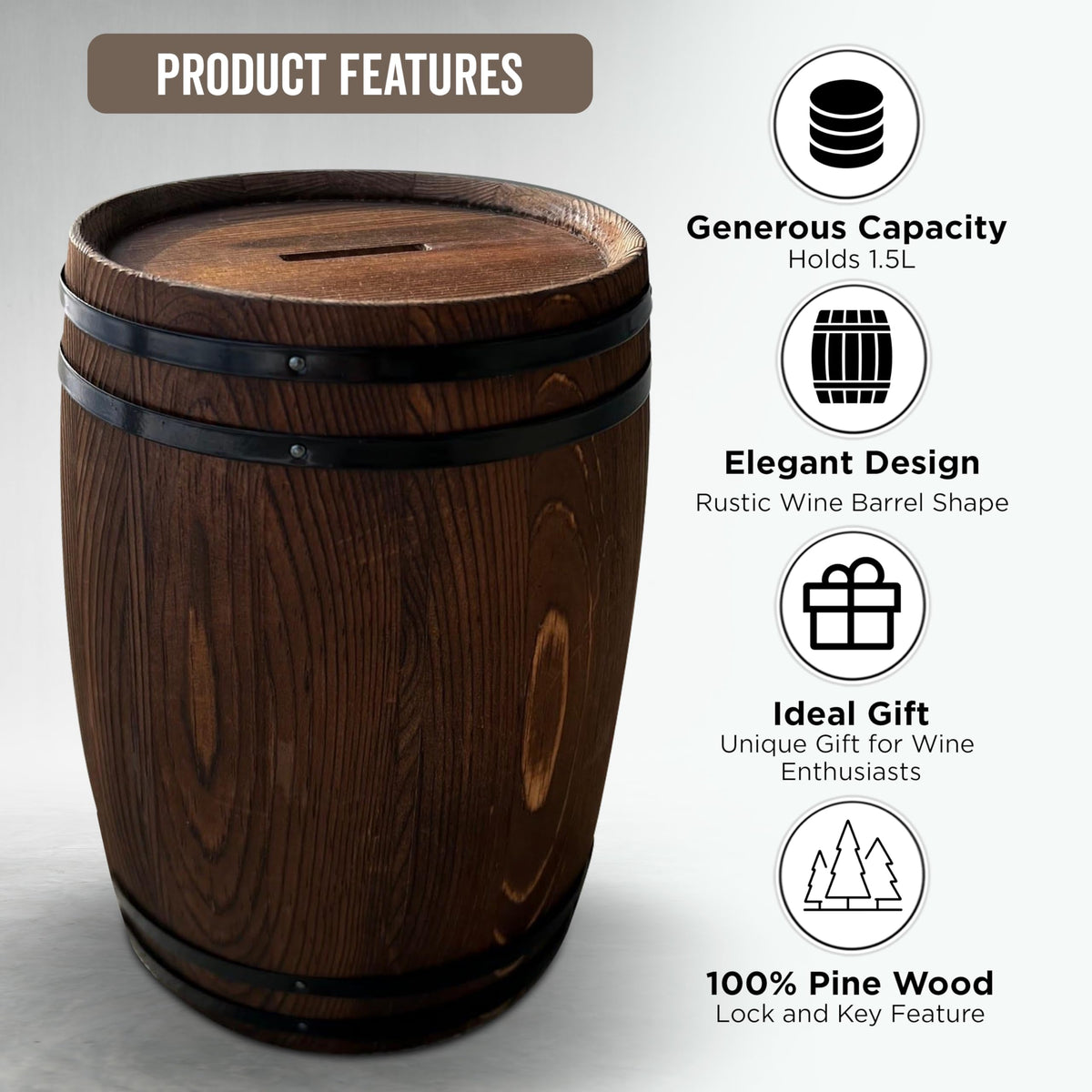 Generic piggy bank adults side view highlights durable pine wood and decorative home bar charm.