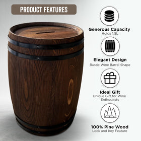 Generic piggy bank adults side view highlights durable pine wood and decorative home bar charm.
