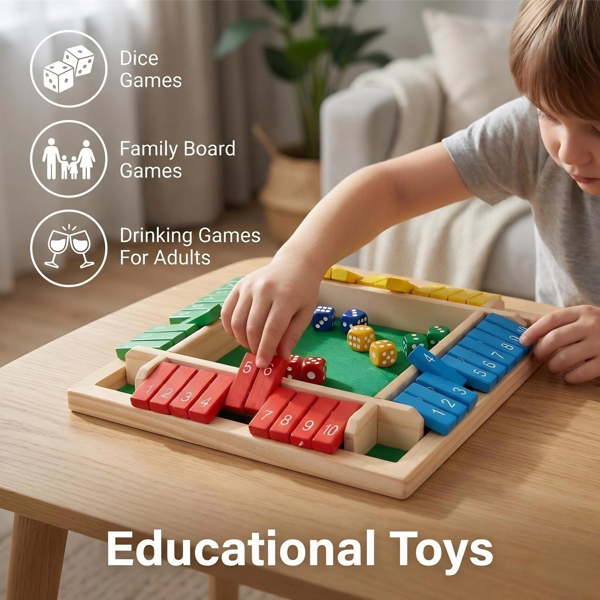 Generic Premium Shut the Box wooden box keeps components organized.