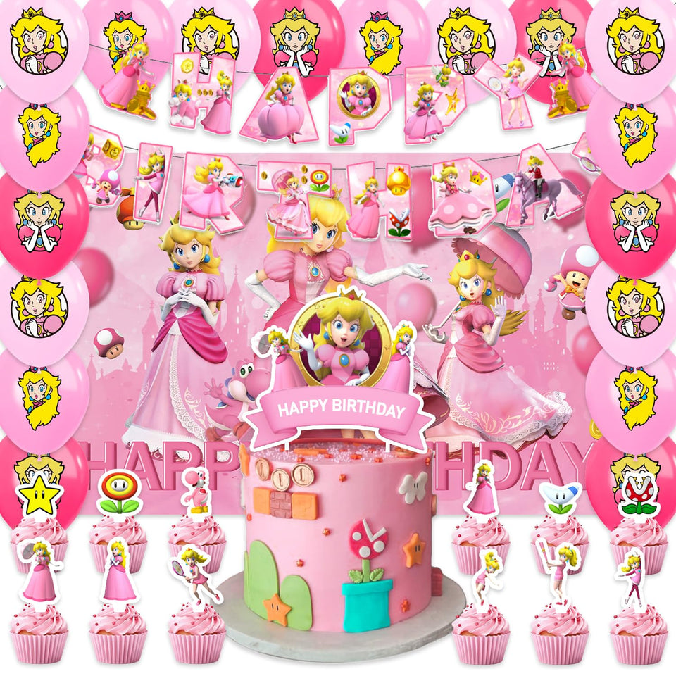 Generic Princess Peach banner with vibrant letters for a cheerful party backdrop.