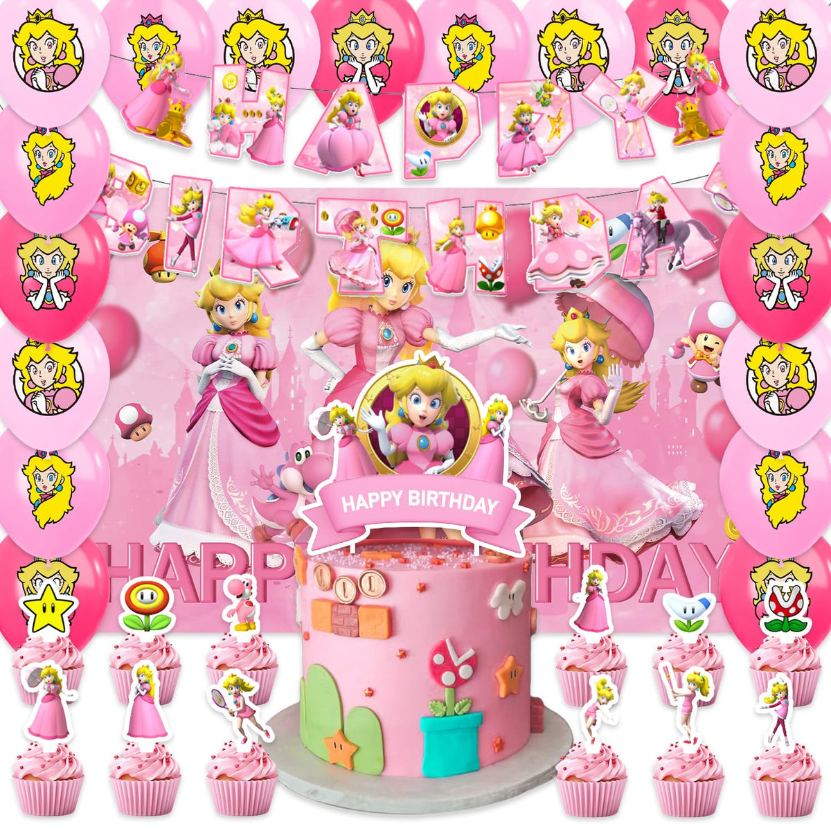 Generic Princess Peach banner with vibrant letters for a cheerful party backdrop.