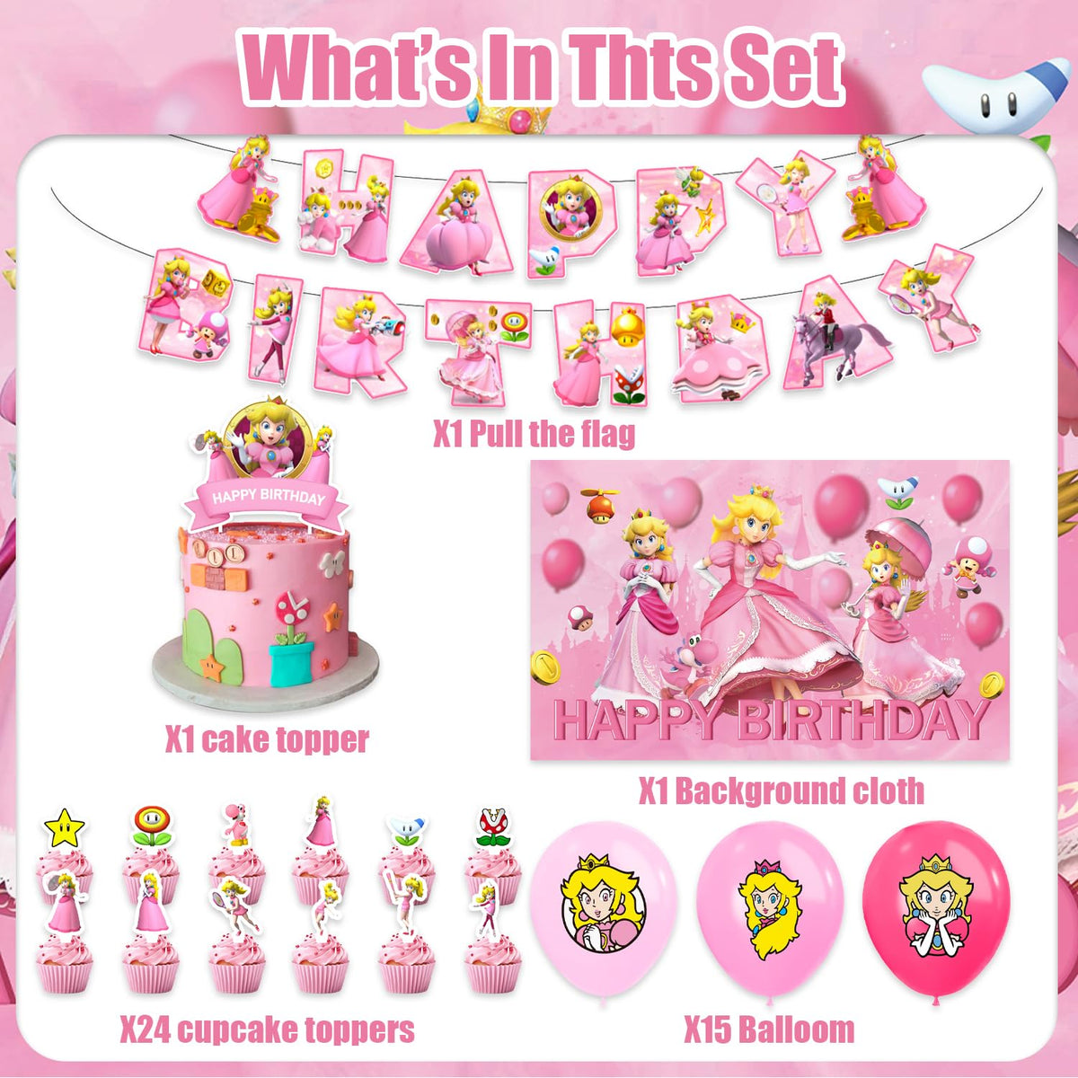 Generic Princess Peach cake topper adds magical focal point to birthday cake.