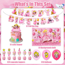 Generic Princess Peach cake topper adds magical focal point to birthday cake.