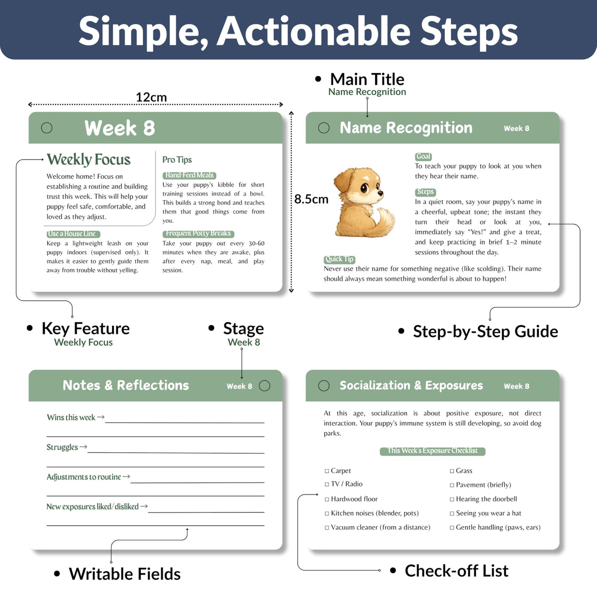 Generic Puppy Training Cards laminated pages endure daily training sessions.