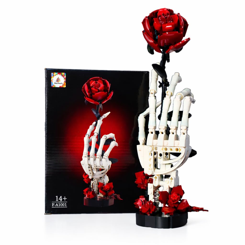 Generic RITTSUN skull rose building set showcases a skeletal hand gripping a crimson rose for dramatic display.