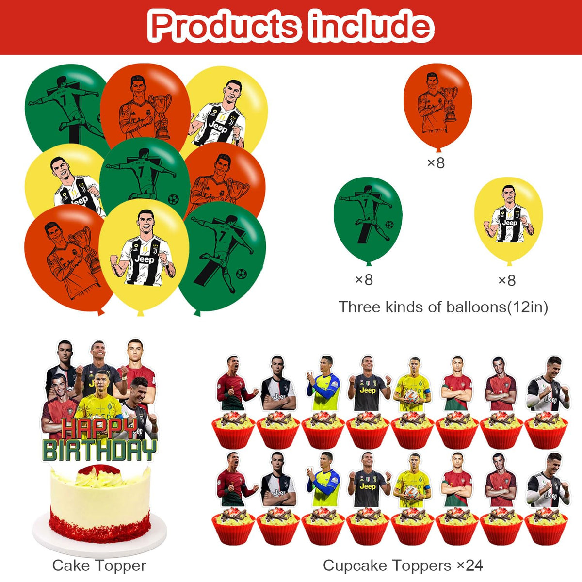 Generic Ronaldo cupcake toppers add themed treats and snacks