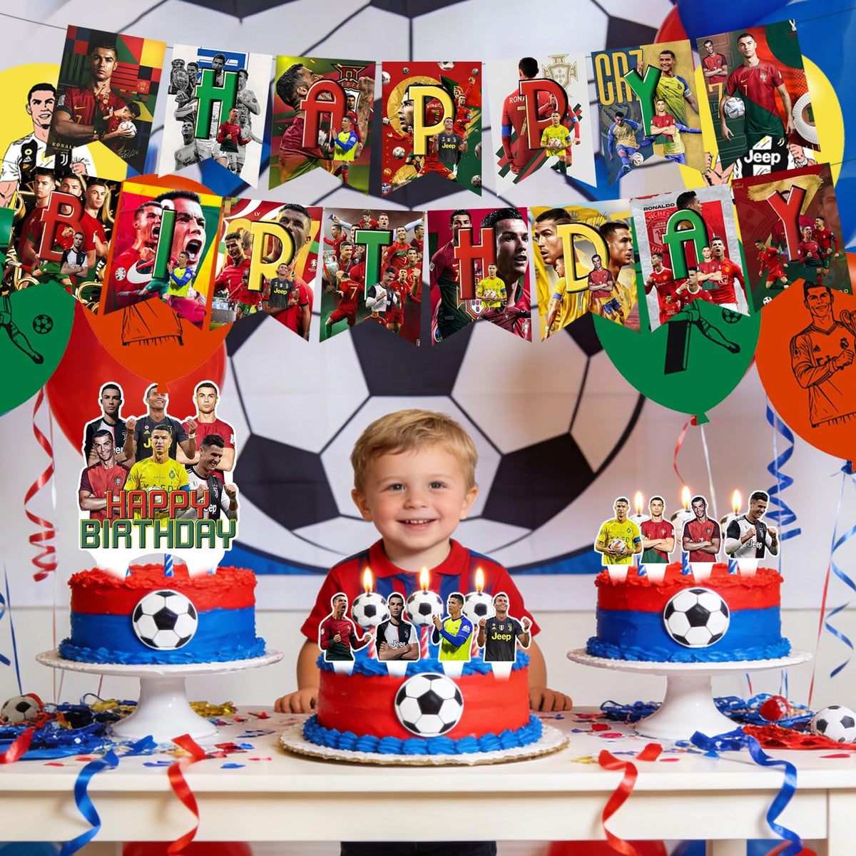 Generic Ronaldo party table decor creates a memorable centerpiece