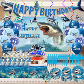 Generic shark birthday banner brightens the ocean theme for a festive party.