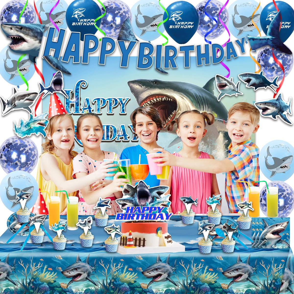 Generic shark latex balloons add color and festive mood to the party space.