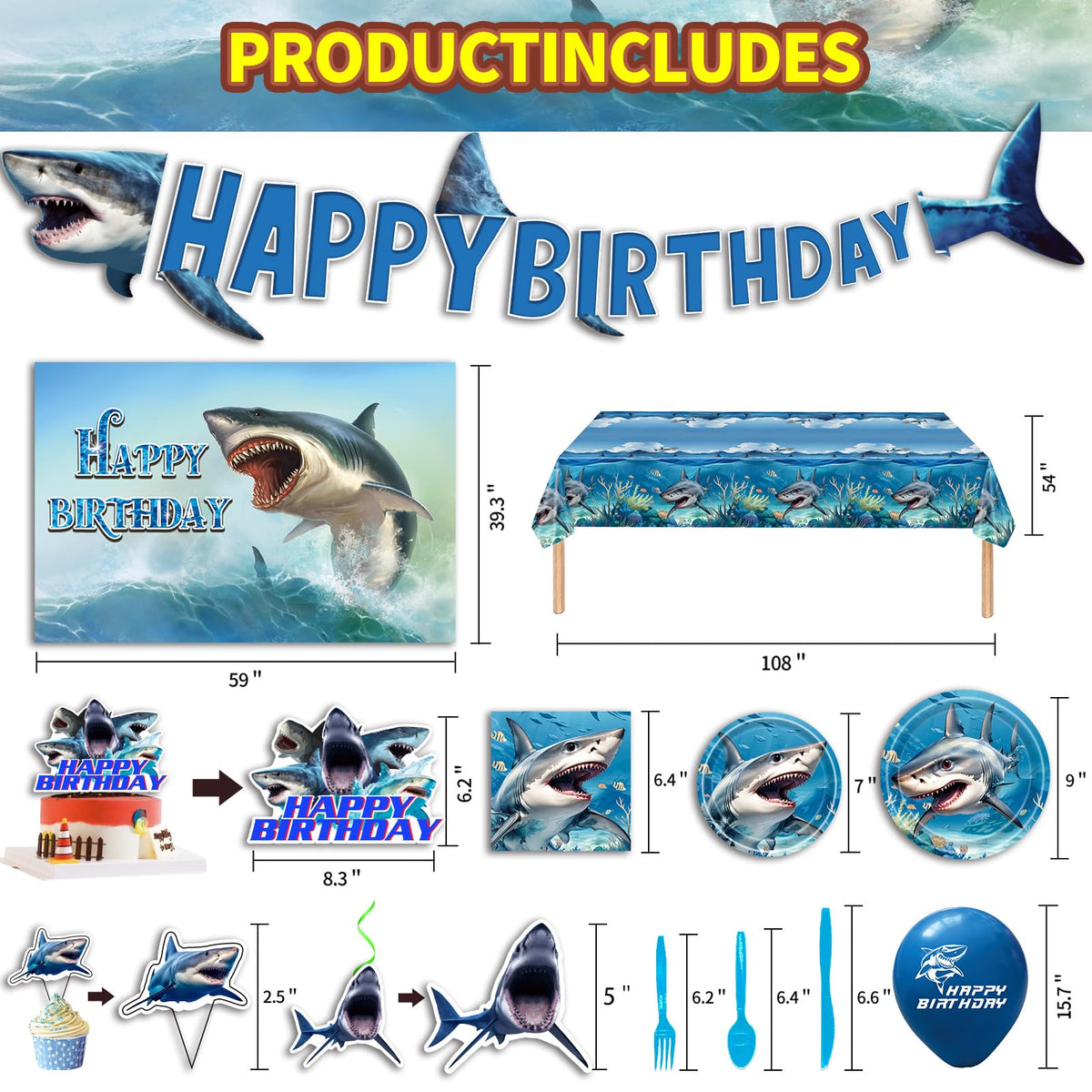 Generic shark tablecloth provides a sea-ready surface for meals.