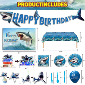 Generic shark tablecloth provides a sea-ready surface for meals.