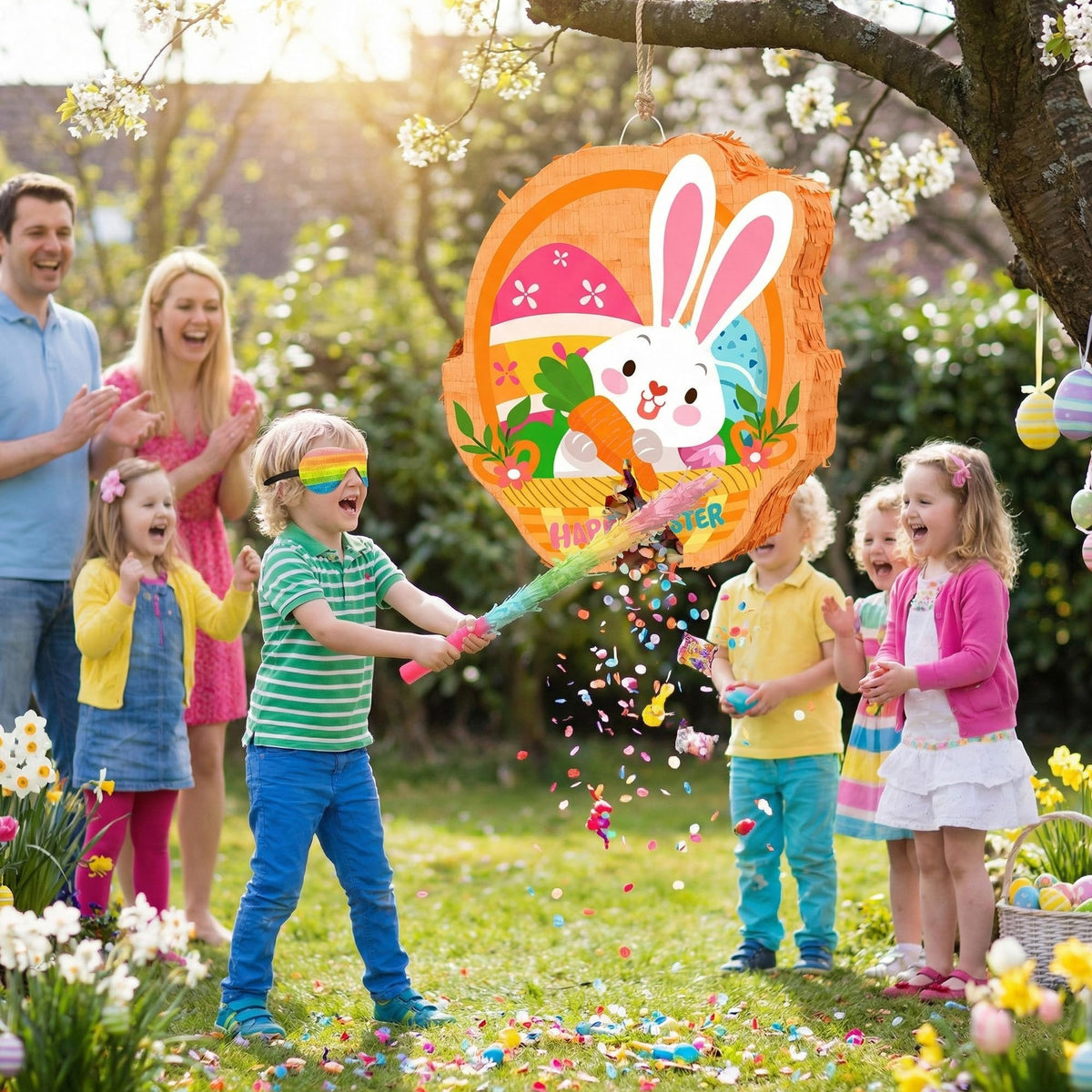 Generic Spring party decorations highlight Easter egg motifs for festive gatherings.