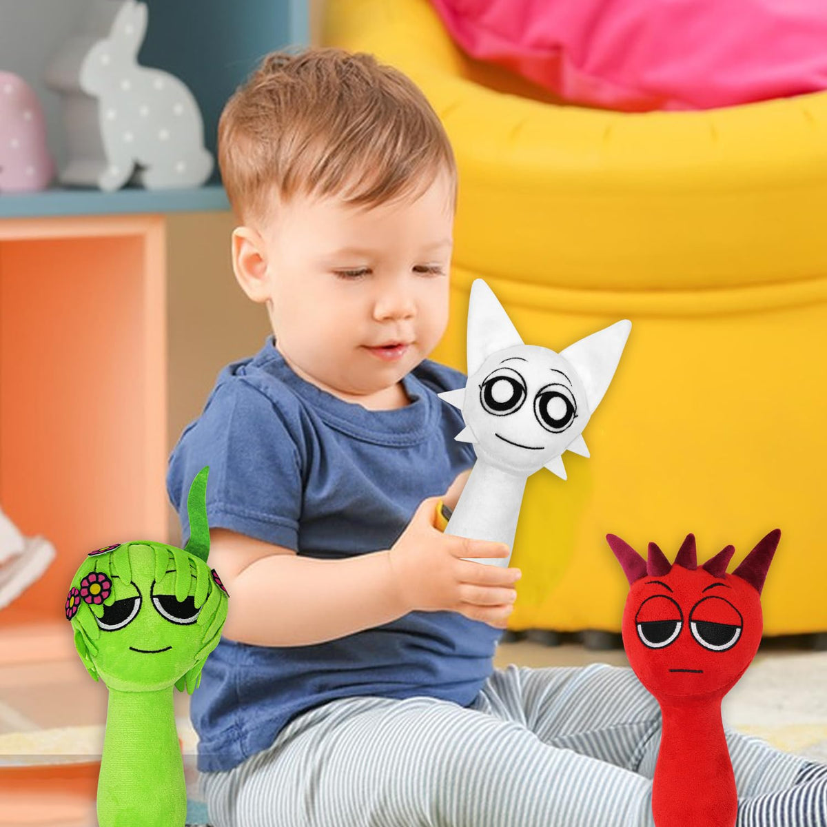 Generic Sprunky Plush face close-up highlighting expressive features for storytelling.