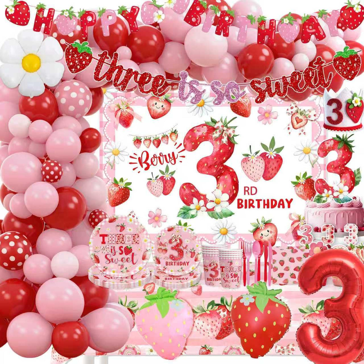 Generic Strawberry 3rd birthday banner brightens the party entrance