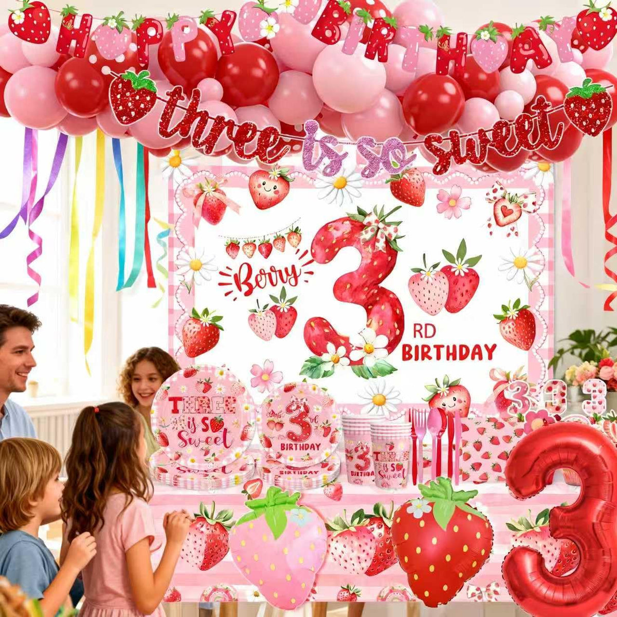 Generic Strawberry aluminum foil balloons add shiny accents for celebrations