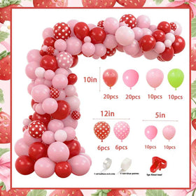 Generic Strawberry party hat and balloons decorate the table with charm