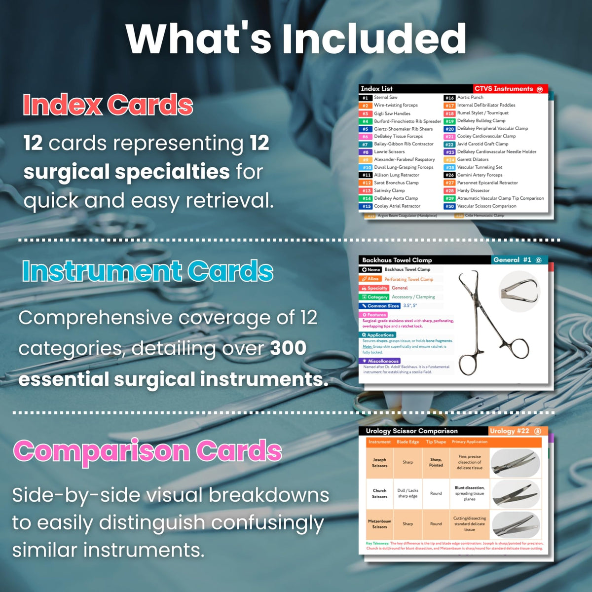 Generic Surgical Instruments Flashcards data sheets with high-resolution tool photos and specs