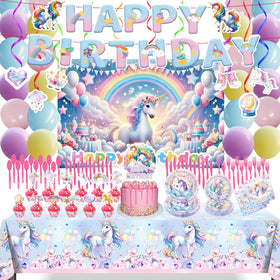 Generic unicorn party backdrop enhances photos with magical ambience.