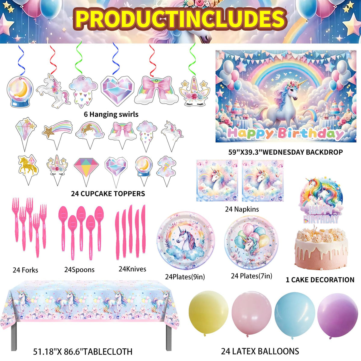 Generic unicorn party banner creates a festive focal point.