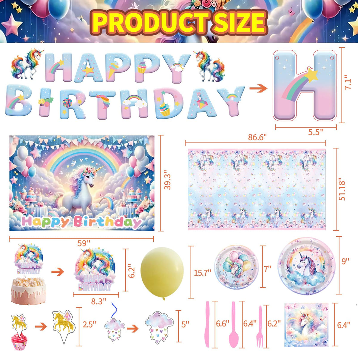 Generic unicorn tablecloth brightens the party table and protects surfaces.