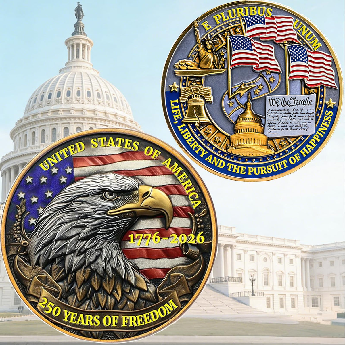 Generic US 250th anniversary coin on display, a versatile keepsake for celebrations.