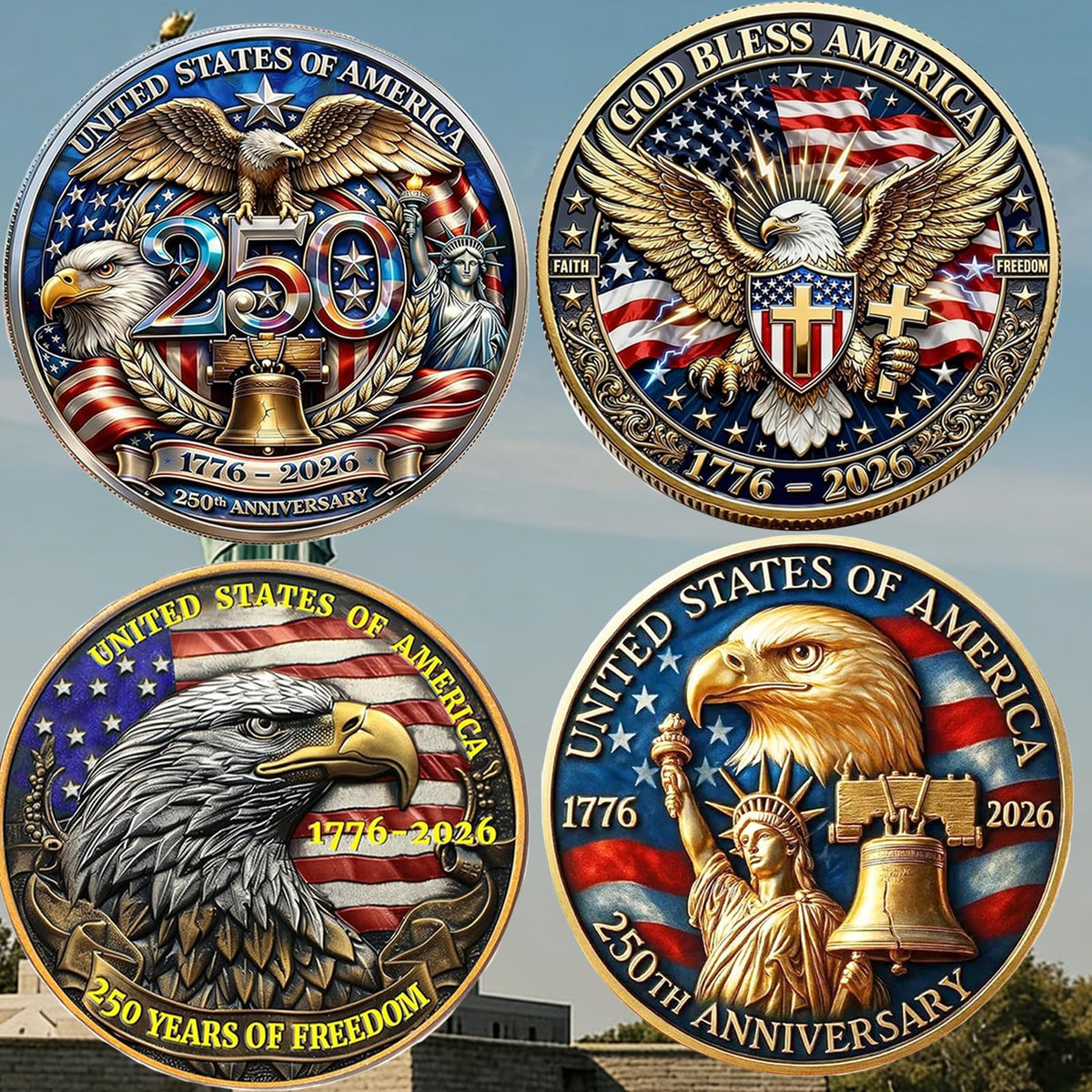 Generic US 250th anniversary coin with an eagle design, ideal for display and keepsake.
