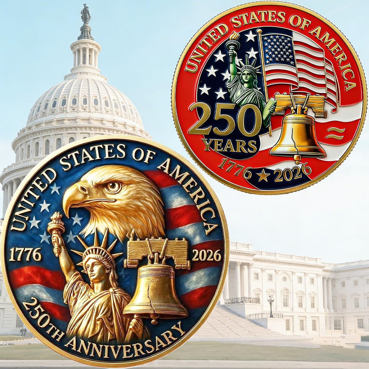 Generic US 250th anniversary coin with patriotic symbols, perfect for gifting and collection.