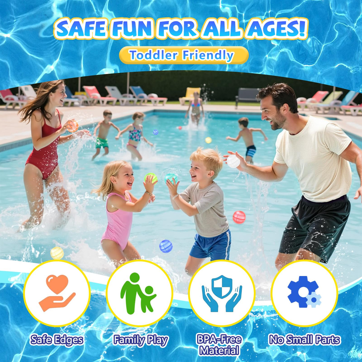 Generic self-sealing water balloons showing one-second fill for mess-free play.