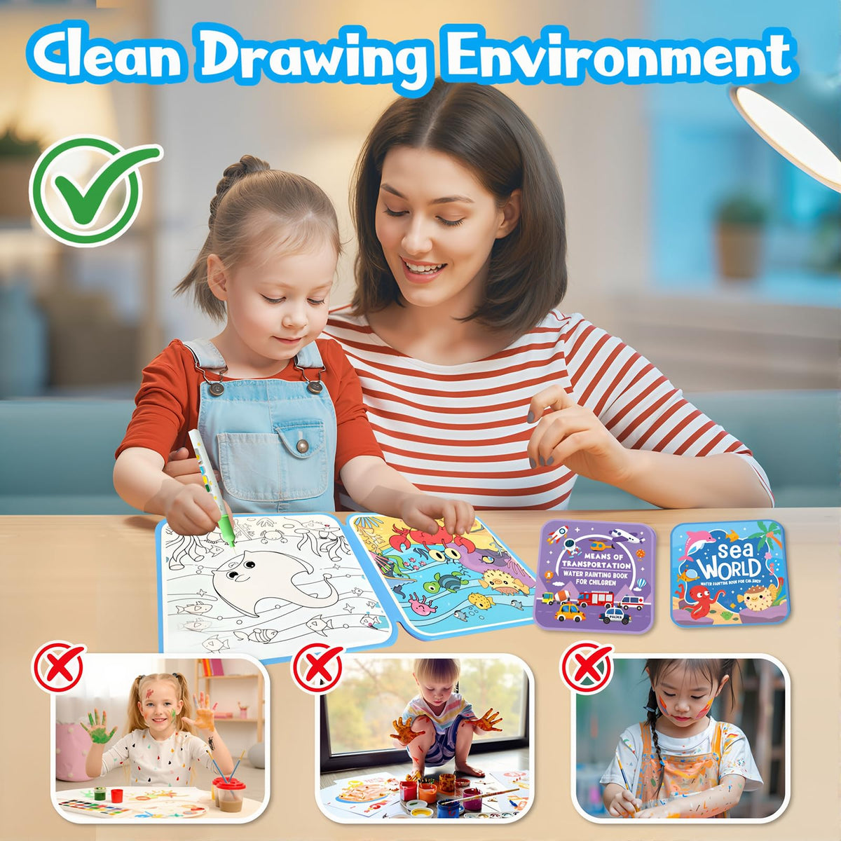Generic Water Painting Book for Kids water brushes capture vibrant color with minimal mess.
