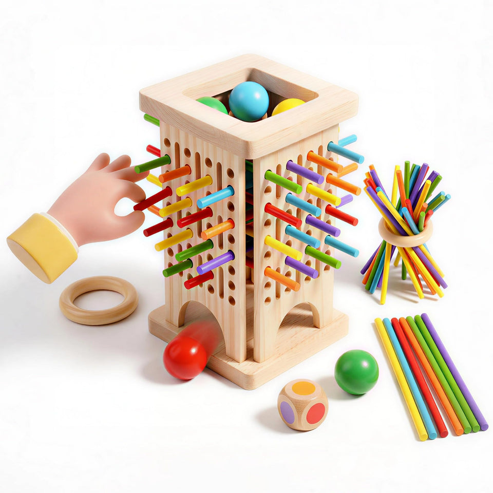 Generic Wooden Pull Stick Game: dice roll prompts fine motor control during play