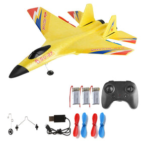 Generic Yellow SU-27 RC Fighter Jet aerial view highlights compact foam construction for beginners.