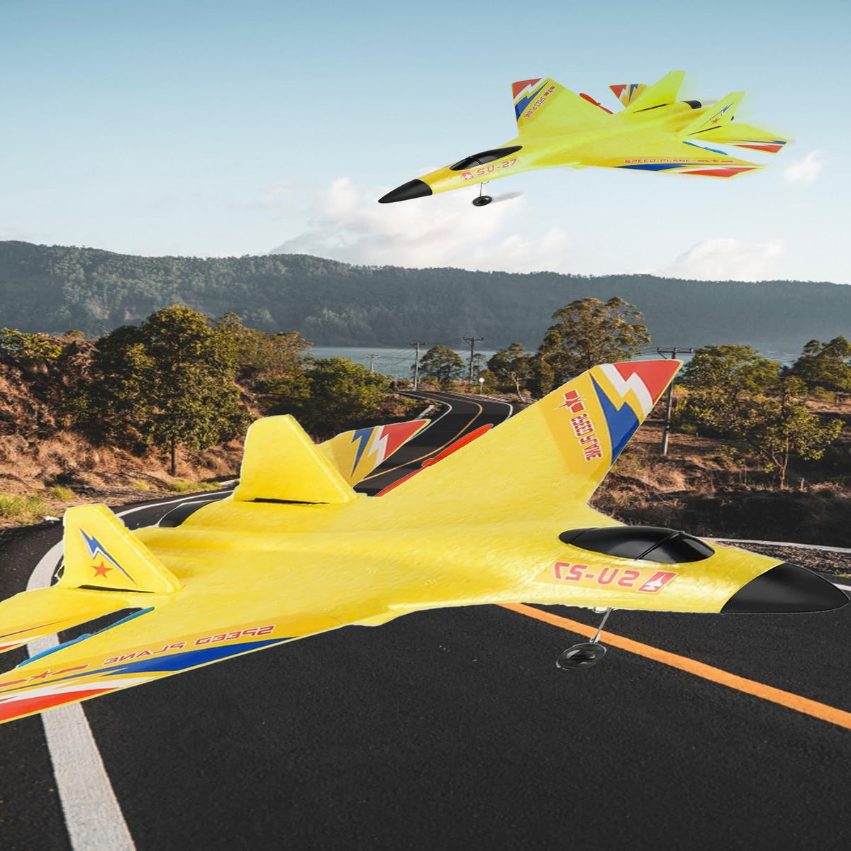Generic Yellow SU-27 RC Fighter Jet side shot shows aerodynamic design and stable handling.