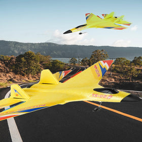 Generic Yellow SU-27 RC Fighter Jet side shot shows aerodynamic design and stable handling.