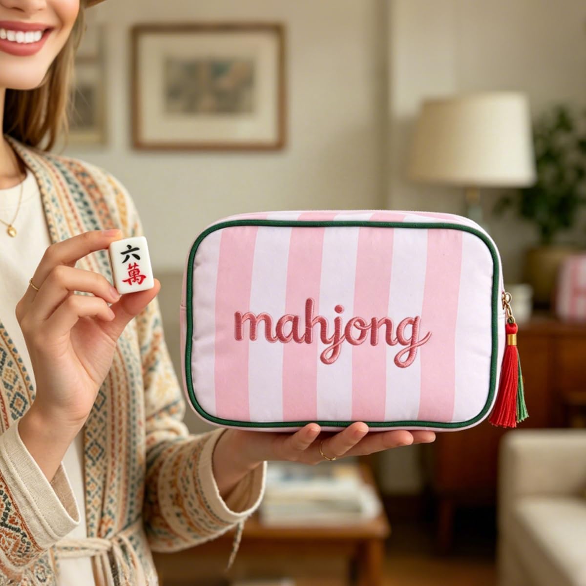 Generic mahjong bag with secure zipper ensures quick, safe access.