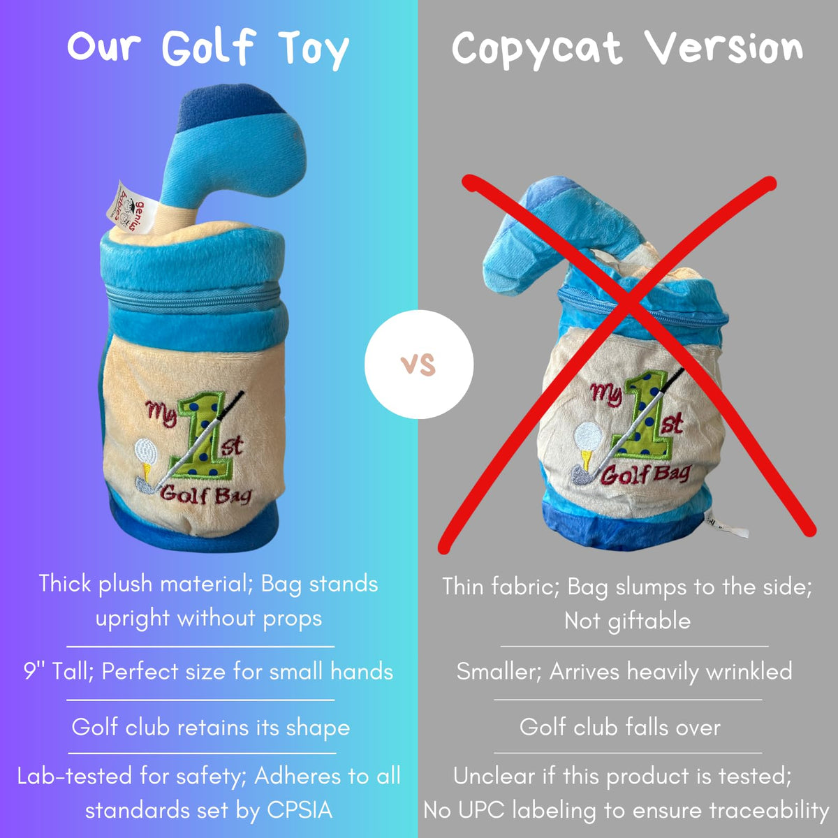 Genius Baby Toys Baby Golf Bag set complements outfits with playful charm.