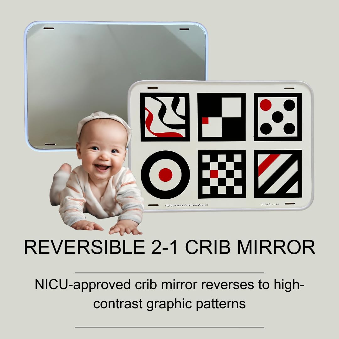 Genius Baby Toys shatterproof mirror with safe edges for crib play.