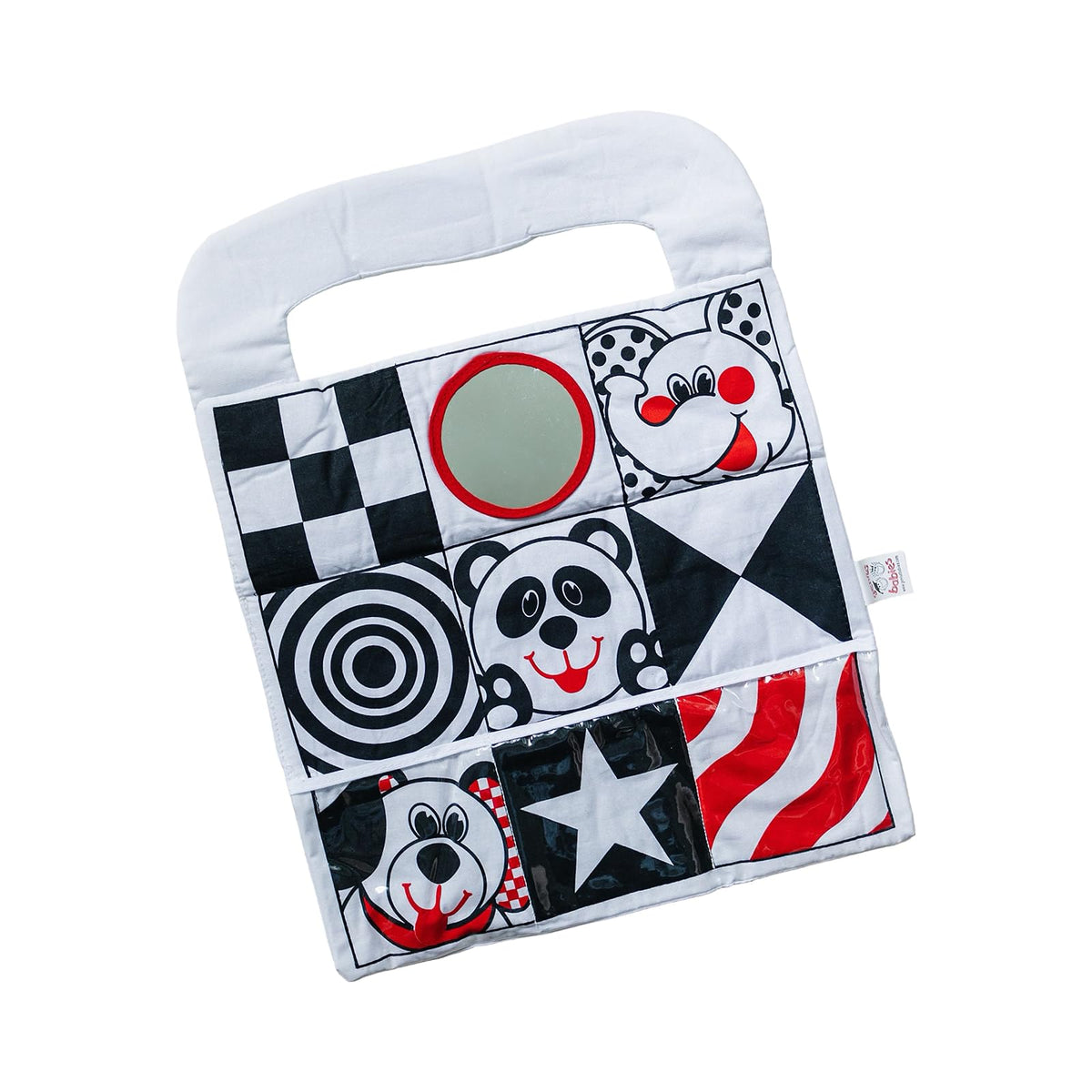 Genius Baby Toys high-contrast panels with mirror to engage newborns on car rides.