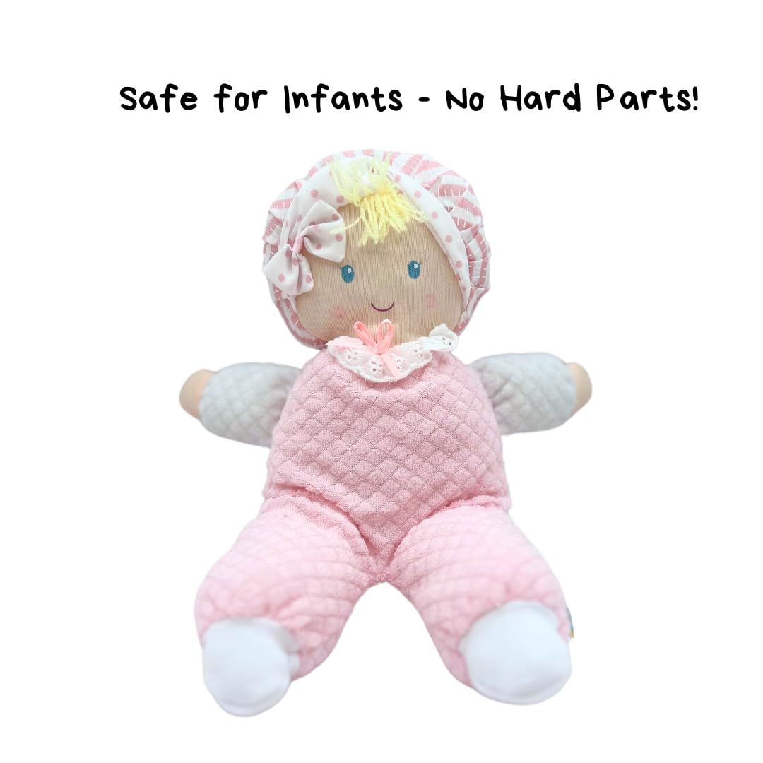 Genius Baby Toys pink white outfit doll demonstrates safe design for gentle play.